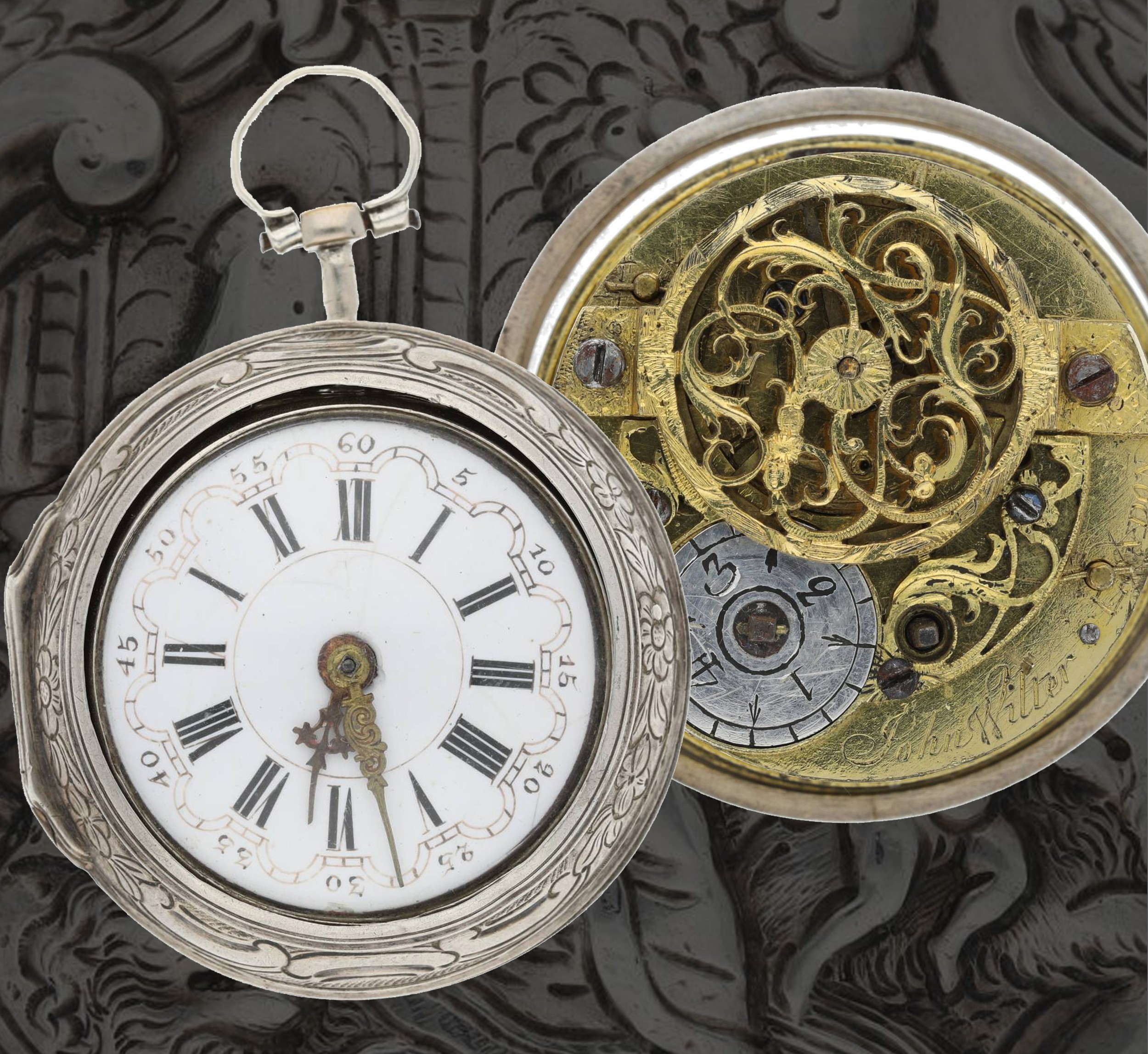 John Wilter, London - George II English silver repoussé pair cased verge pocket watch, London