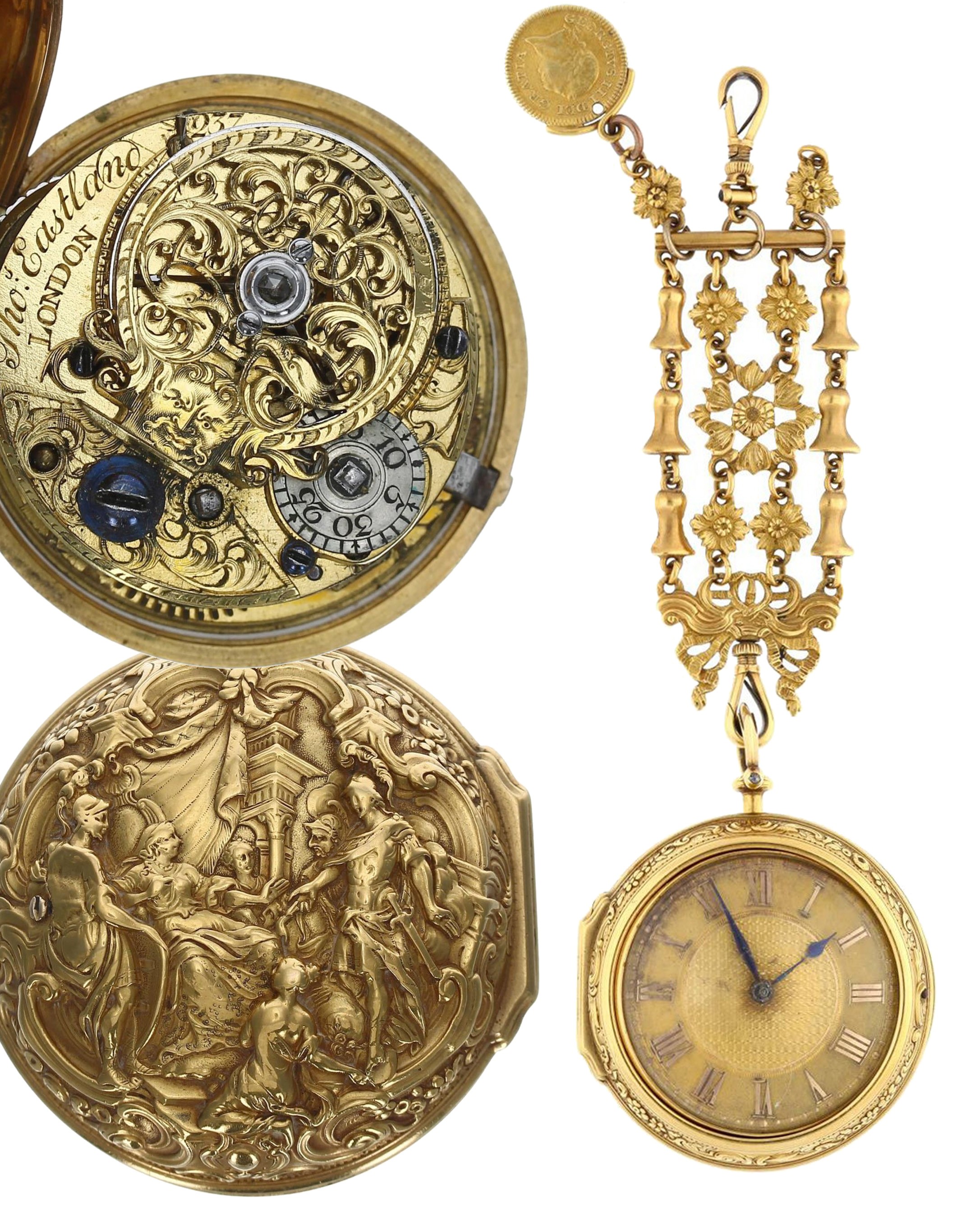 Thomas Eastland, London - Fine English mid-18th century gold verge repoussé pair cased pocket watch,