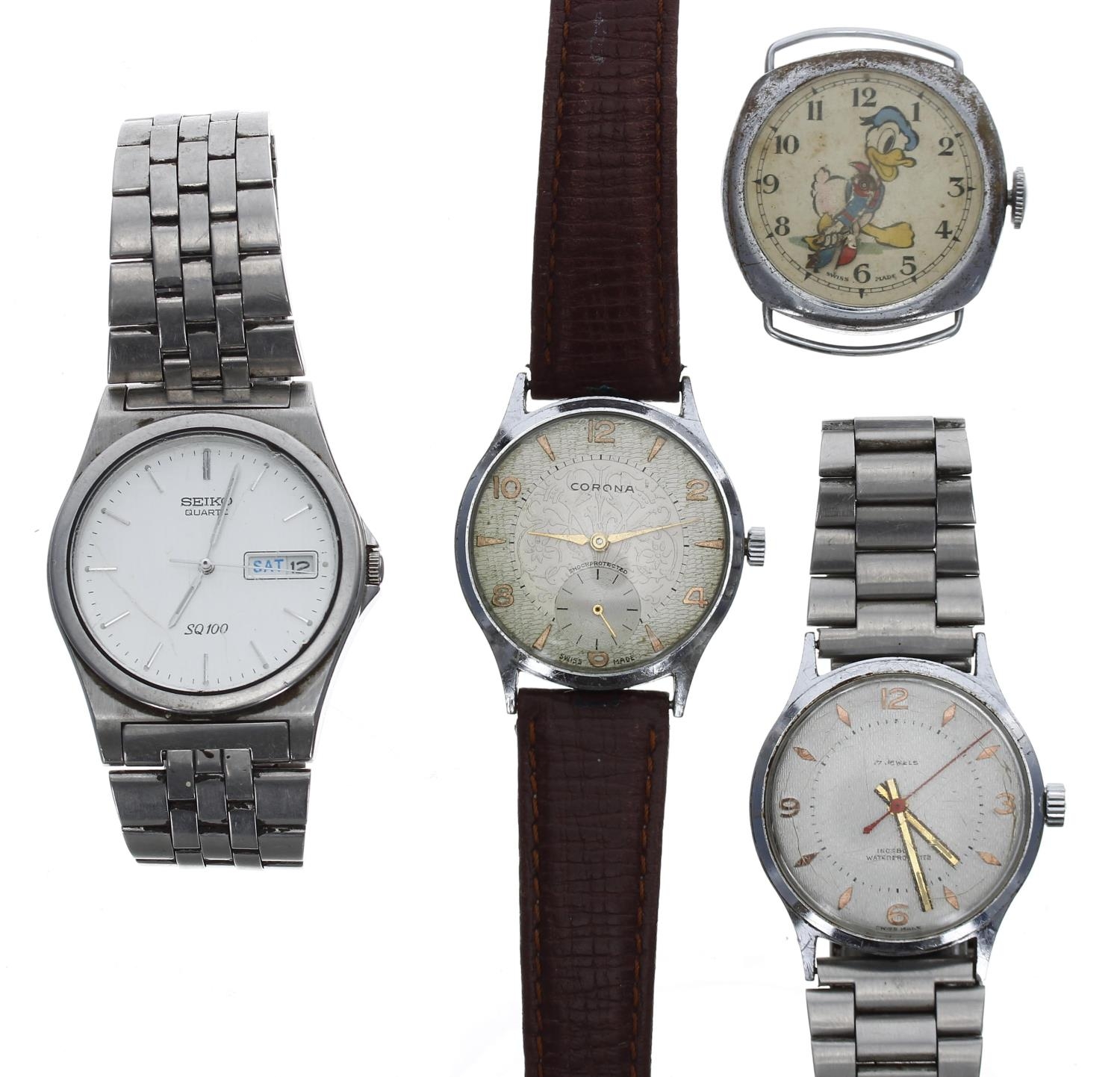 Four gentleman's wristwatches to include Corona, Seiko Quartz SQ100 and a 'Donald Duck' chrome cased