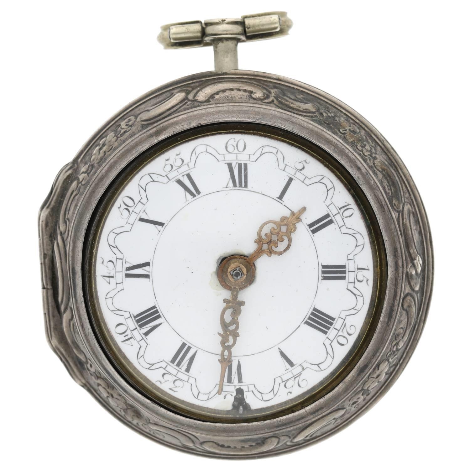 Mich Reanes, London - English 18th century repoussé silver pair cased verge pocket watch, London - Image 2 of 10