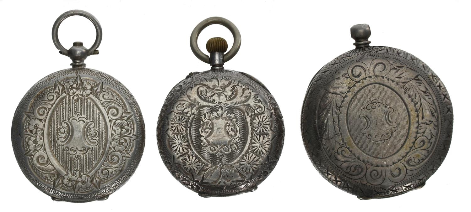 Silver (0.800) cylinder engraved fob watch for repair, 40mm; together with two silver (0.935) fob - Image 2 of 2