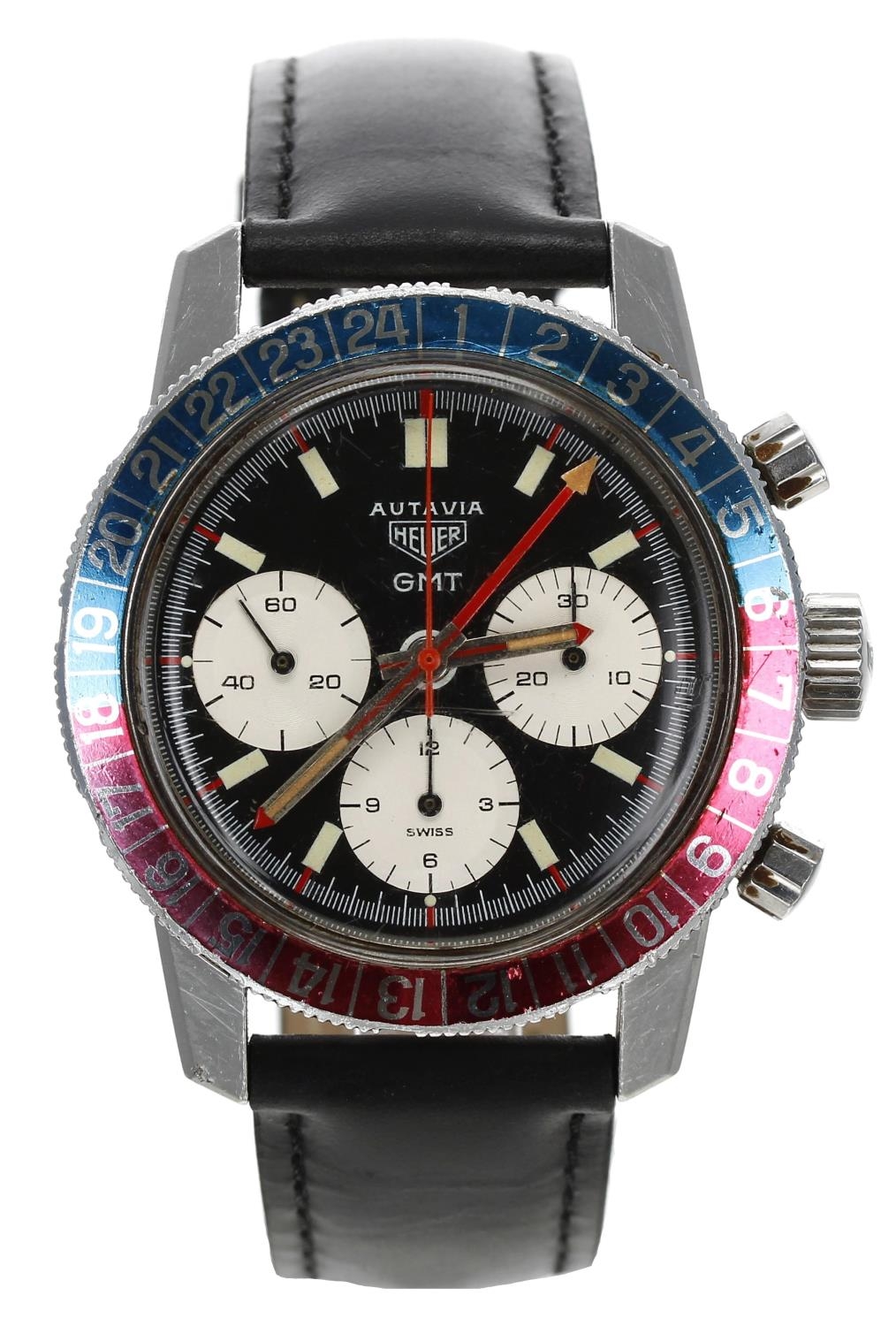 Rare Heuer Autavia GMT Chronograph stainless steel gentleman's wristwatch, reference no. 2446C,