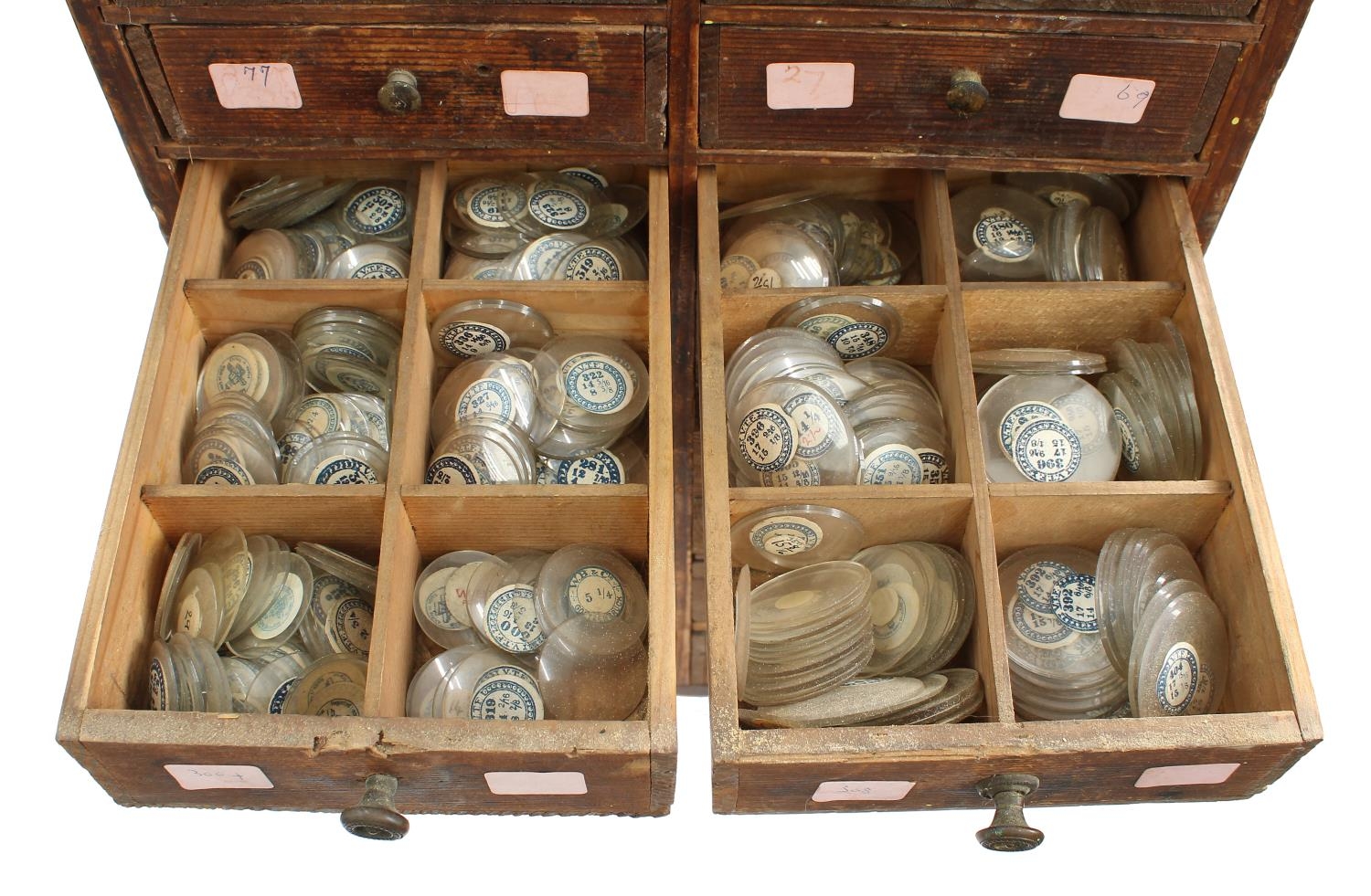 Twelve drawer wooden chest containing a quantity of assorted watch glasses of various sizes, 27. - Image 5 of 9