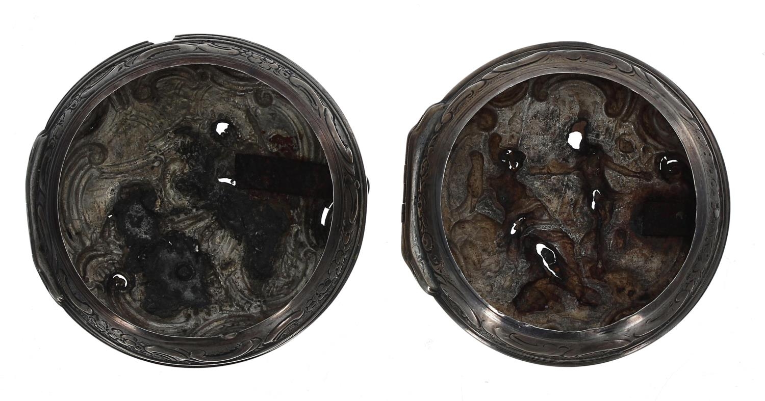 Two English 18th century repoussé silver pocket watch outer cases, each depicting figural scenes - Image 2 of 2