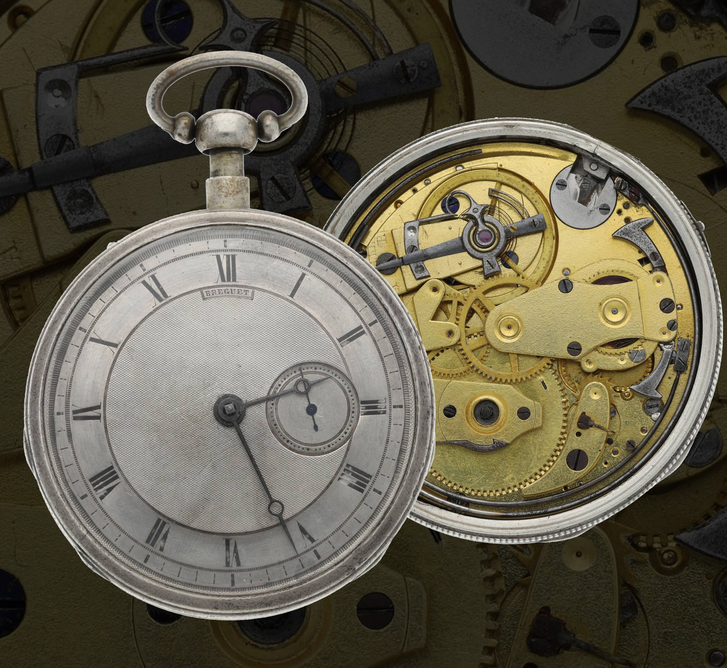 Breguet - French 19th century white metal quarter repeating pocket watch, plunge repeat gilt ruby