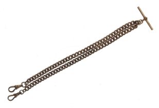 Gold plated curb link watch Albert chain, with T-bar and swivel clasps, 39.7gm, 16.5" long