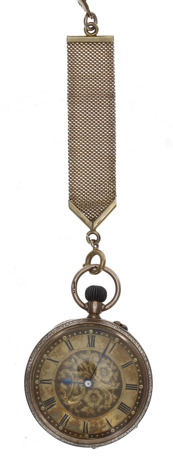 9ct cylinder engraved fob watch, import hallmarks London 1908, gilt frosted bar movement, 9ct hinged