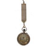 9ct cylinder engraved fob watch, import hallmarks London 1908, gilt frosted bar movement, 9ct hinged