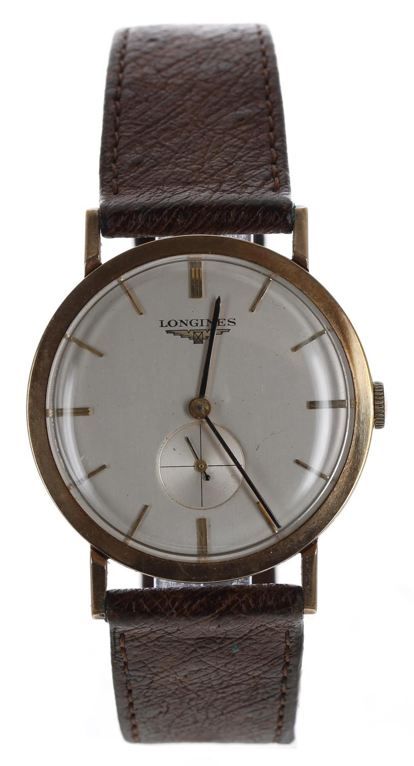 Longines 9ct gentleman's wristwatch, case no. 06310, serial no. 10508xxx, circa 1957, circular