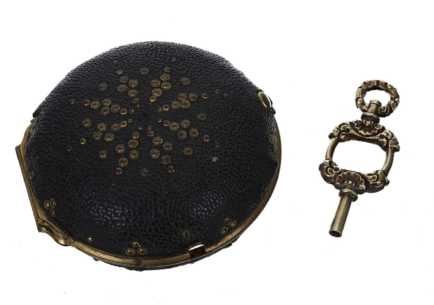 18th century gilt-metal and shagreen pocket watch outer case, with studwork decoration, 48mm; with