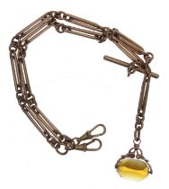 Figaro link gold plated watch Albert chain, with T-bar, swivel clasps and a swivel fob, 51.7gm,
