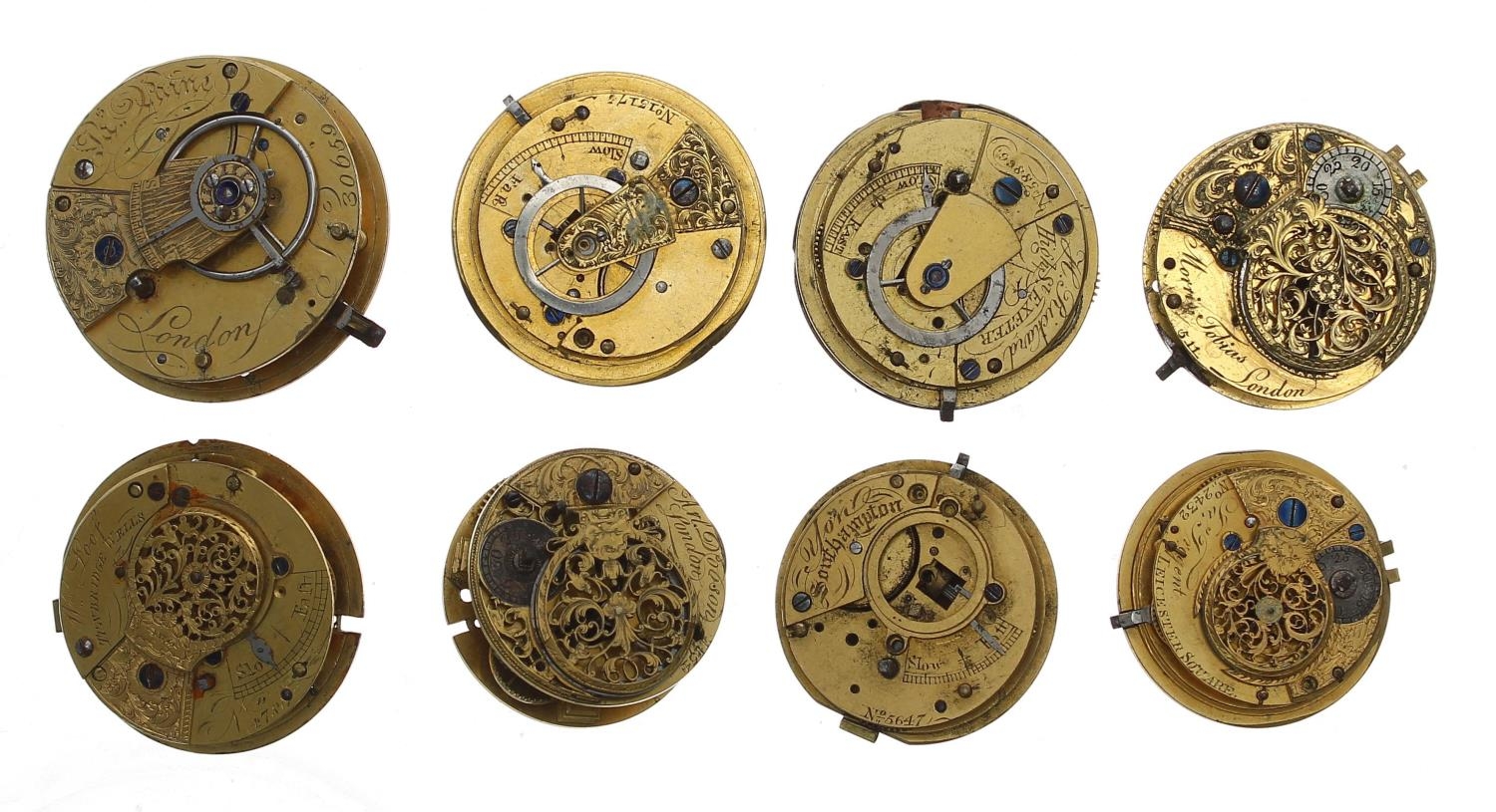 Eight fusee verge pocket watch movements, makers Jas Paine, London; Rickard, High Street, Exeter;