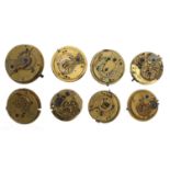 Eight fusee verge pocket watch movements, makers Jas Paine, London; Rickard, High Street, Exeter;