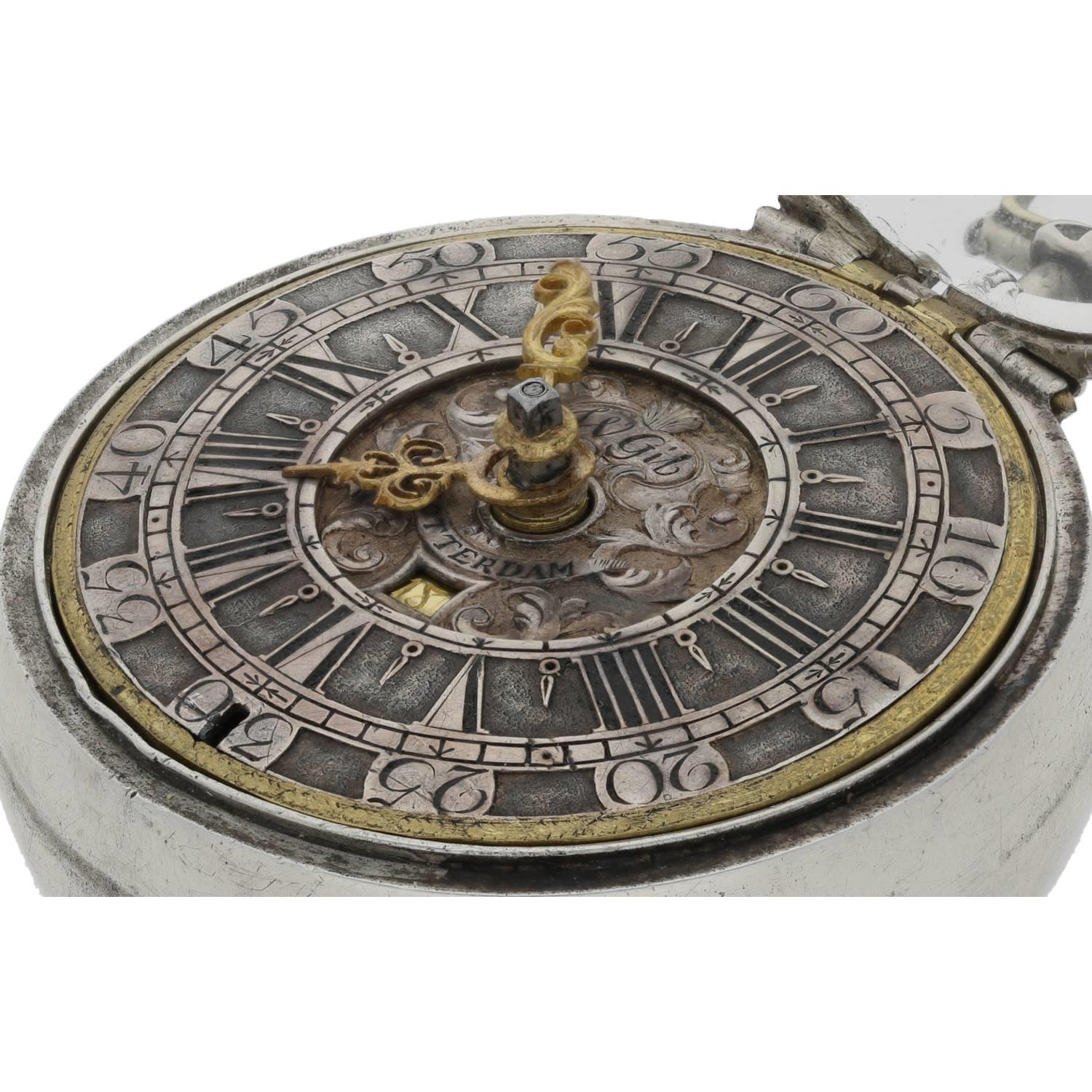 William Gib, Rotterdam -  Dutch early 18th century silver pair cased verge calendar pocket watch, - Bild 9 aus 11