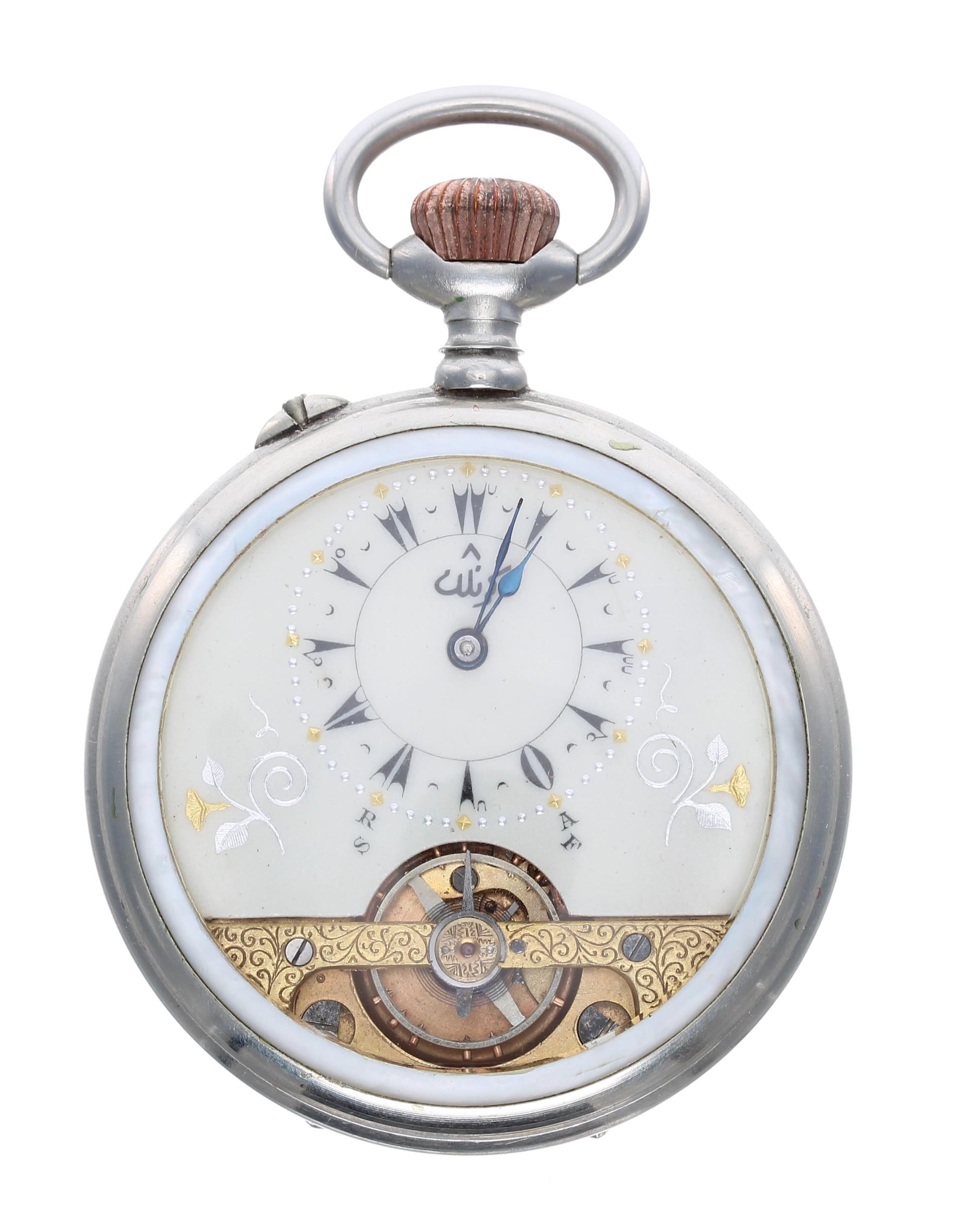 Turkish Market - Swiss Hebdomas type 8 days nickel and mother of pearl cased pocket watch, decorated - Image 2 of 4