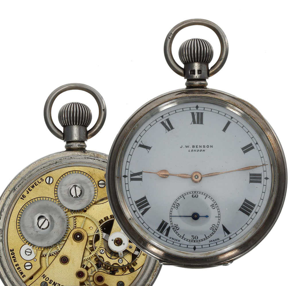 J.W. Benson - silver lever pocket watch, London 1935, signed gilt REF. 939 16 jewel movement, hinged