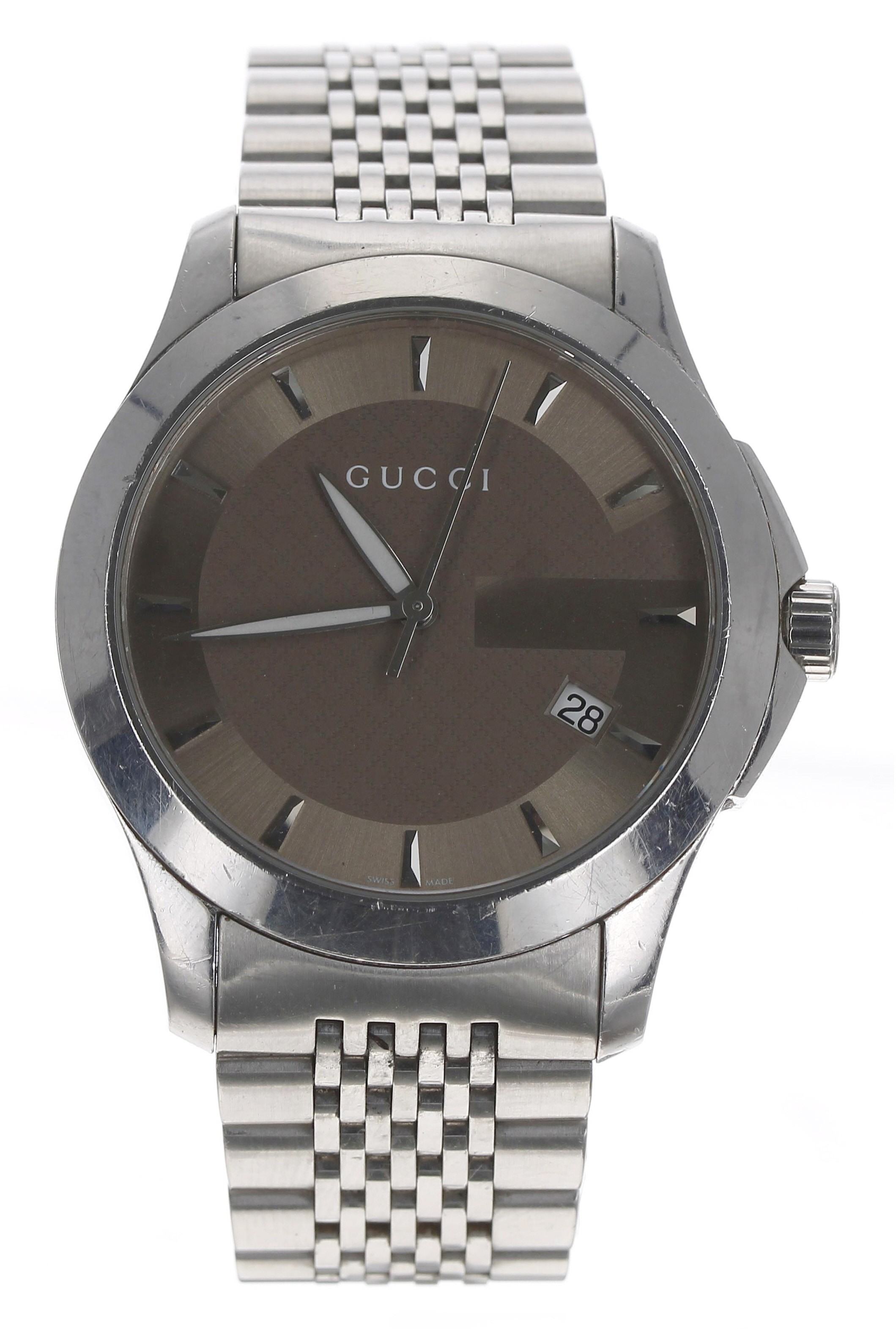 Gucci G-Timeless stainless steel gentleman's wristwatch, reference no. 126.4, grey two-tone dial,