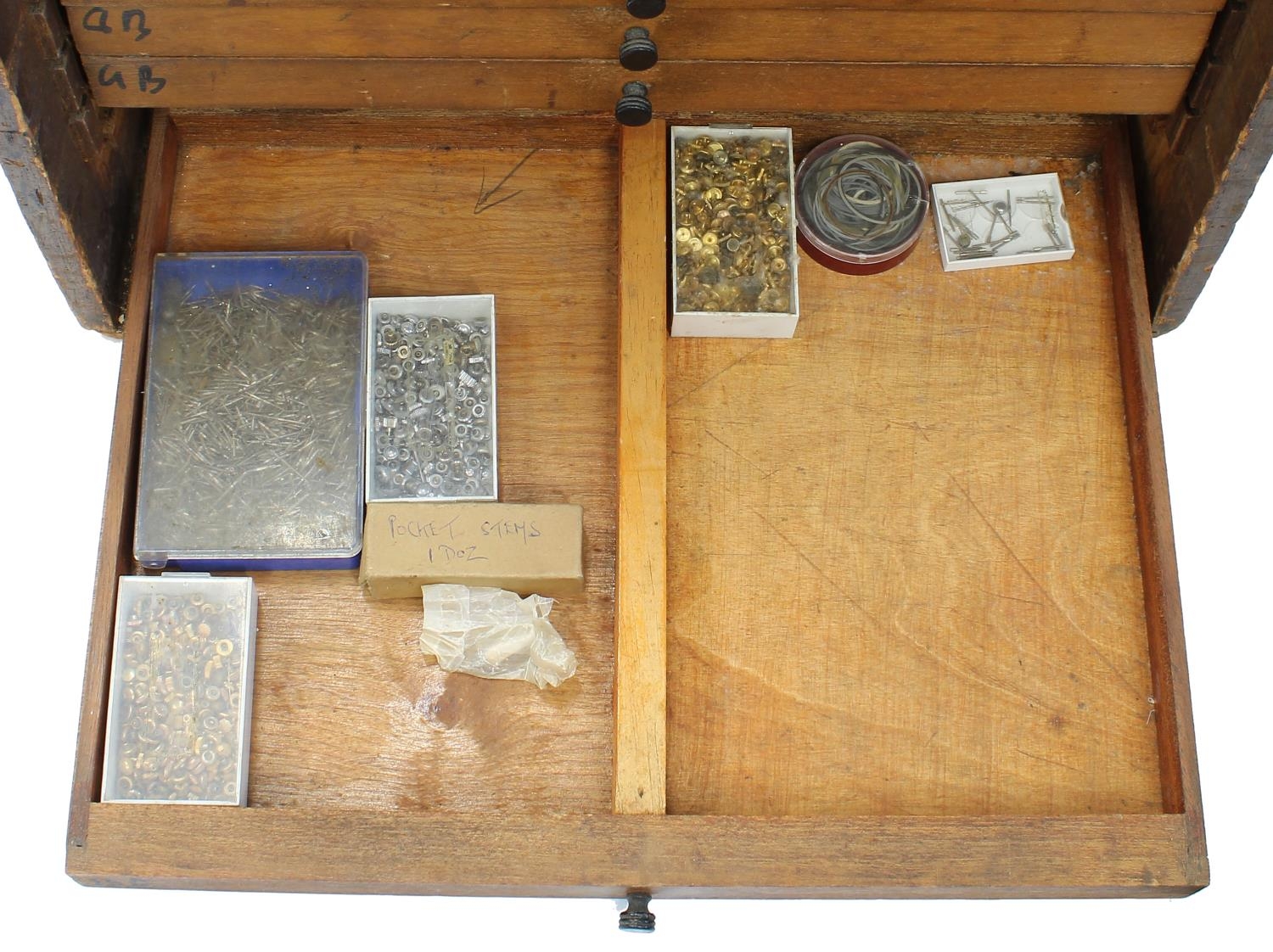 Twelve drawer wooden chest containing a quantity of watch parts including balances, stems, wheels, - Image 2 of 10