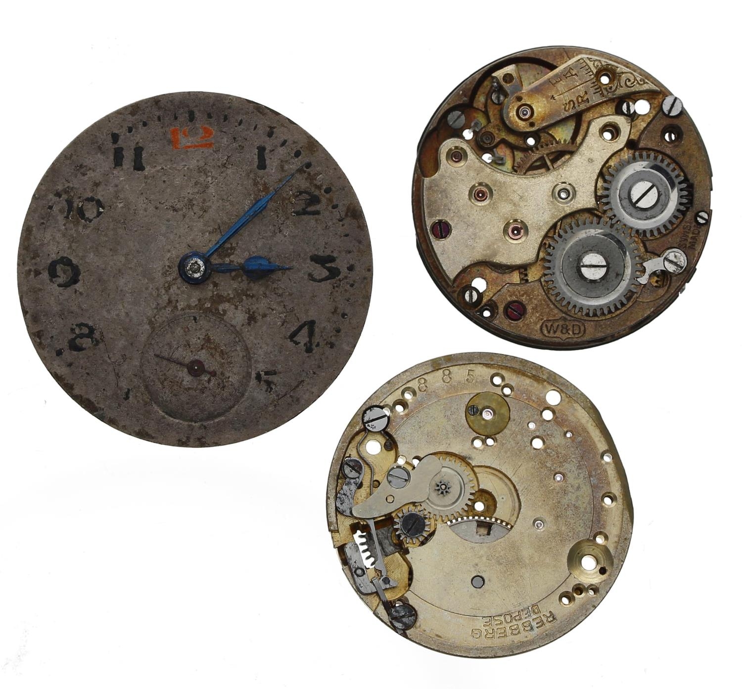 Rolex - Two Wilsdorf & Davis Rebberg wristwatch movements for repair; together with a Rolex 15 jewel