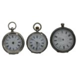 Silver (0.800) cylinder engraved fob watch for repair, 40mm; together with two silver (0.935) fob