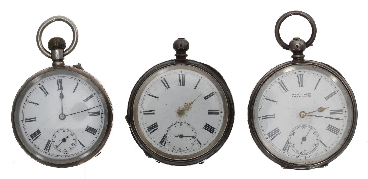 Silver (0.935) cylinder engine turned pocket watch for repair, 51mm; together with a silver (0.