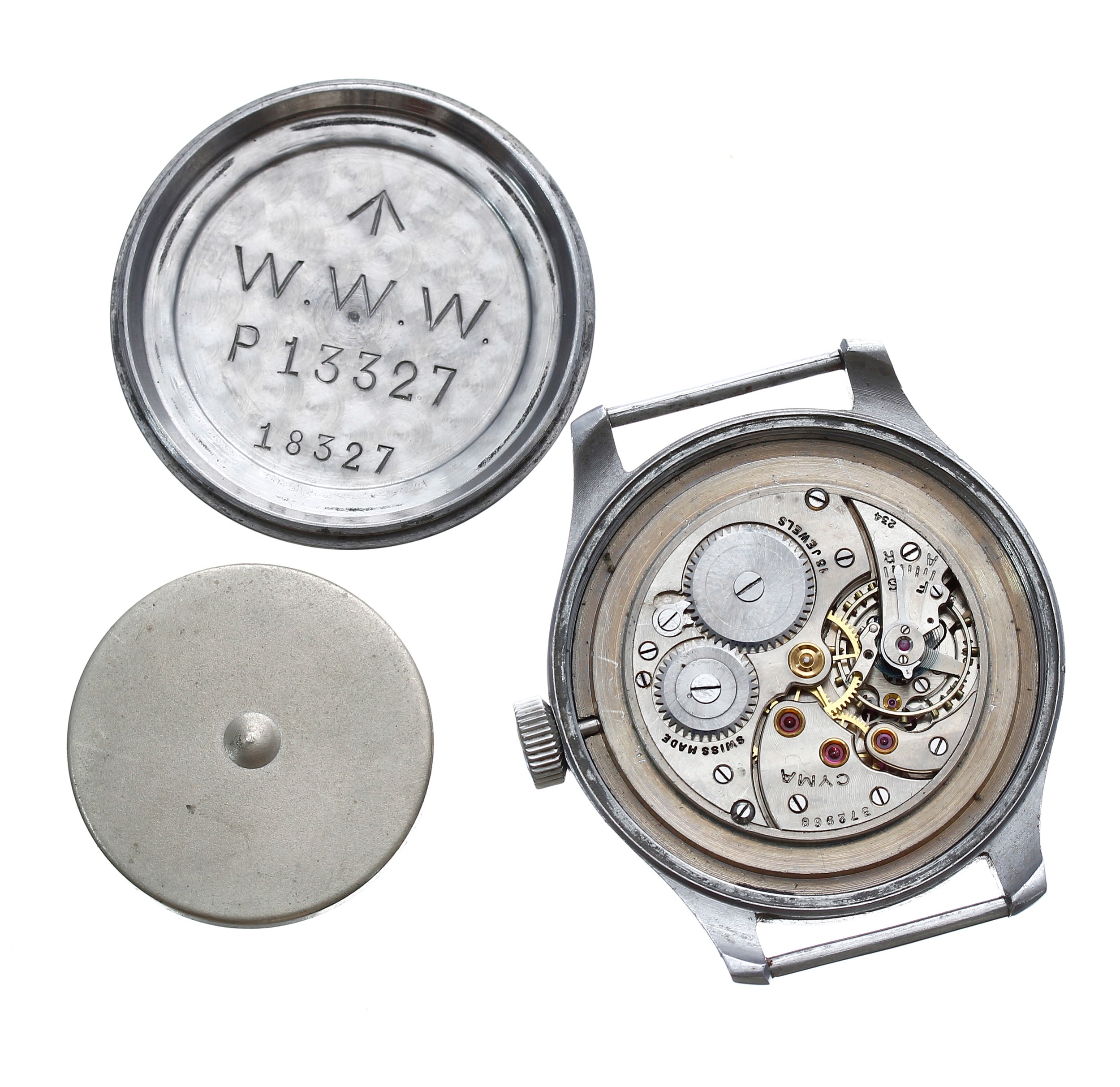 Cyma British Military issue stainless steel gentleman's wristwatch, signed circular black dial - Bild 3 aus 3