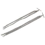 Silver curb link watch Albert chain, with T-bar and swivel end-links, 37.1gm, 18.5" long; together
