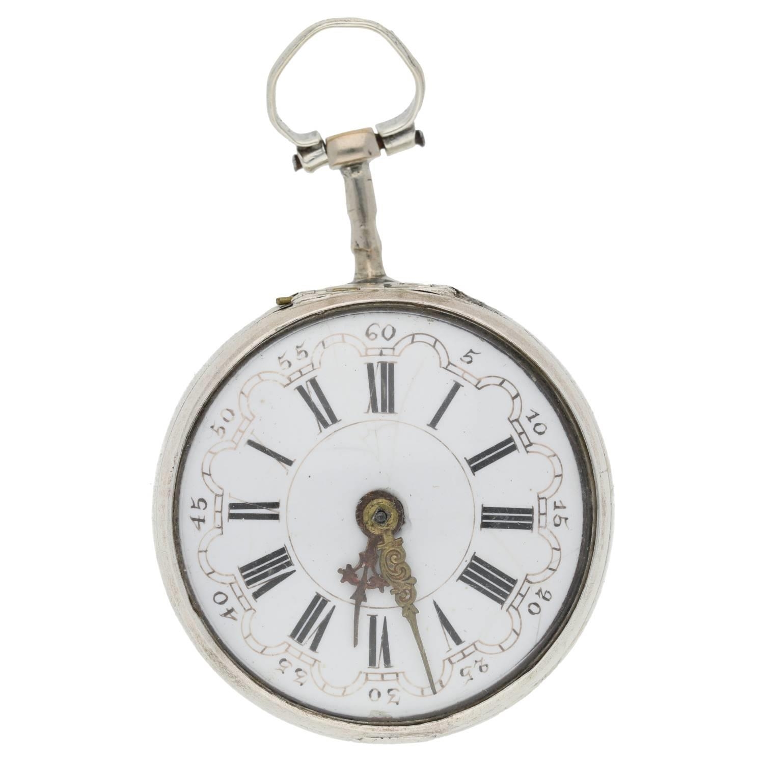 John Wilter, London - George II English silver repoussé pair cased verge pocket watch, London - Image 3 of 10