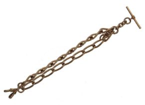 Gold plated open curb link watch Albert chain, with T-bar and end clasps, 56.8gm, 15" long