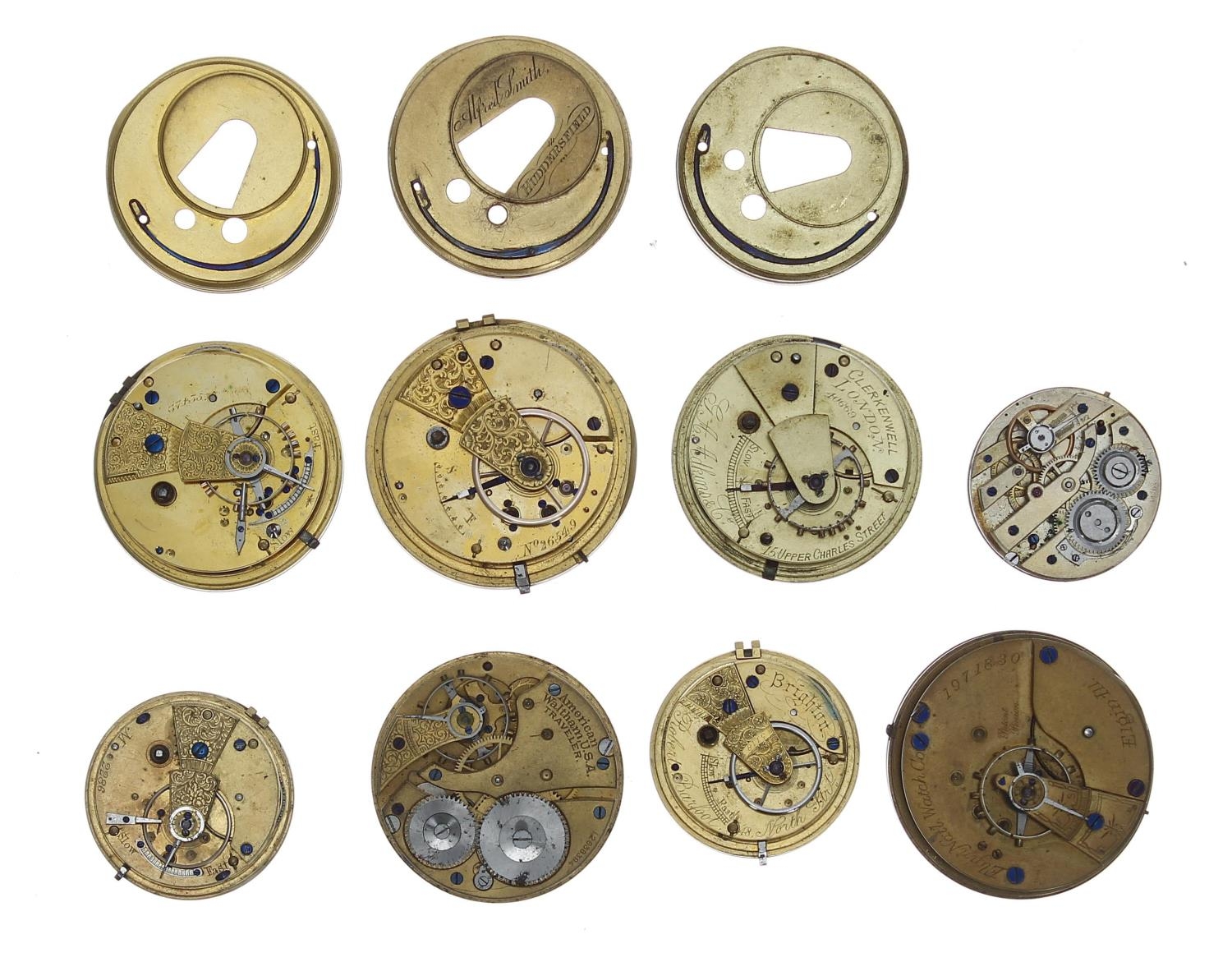 Five fusee lever pocket watch movements, makers Robert Barfoot, Brighton; G.A. Adkins & Co.,