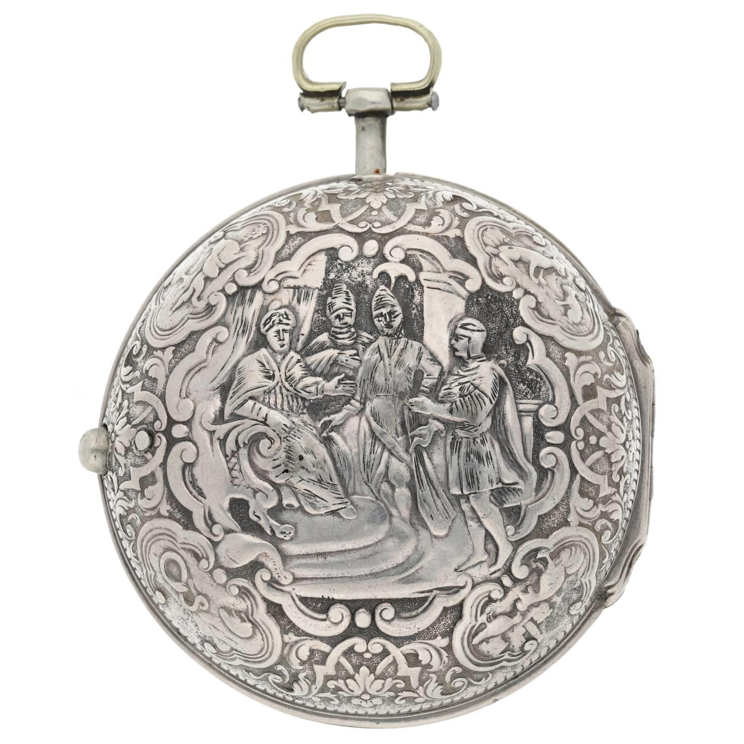 William Gib, Rotterdam -  Dutch early 18th century silver pair cased verge calendar pocket watch, - Bild 8 aus 11