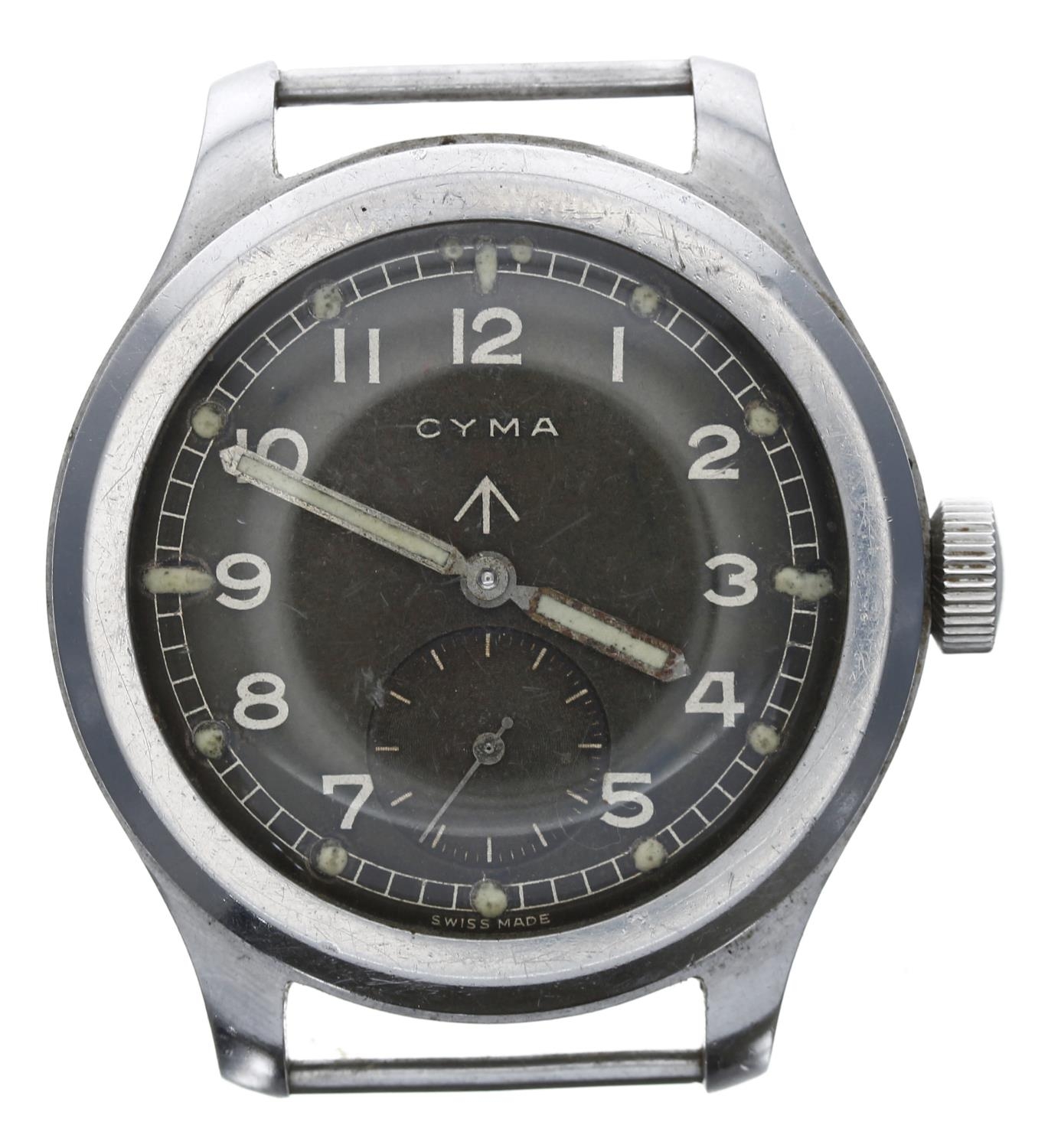 Cyma British Military issue stainless steel gentleman's wristwatch, signed circular black dial