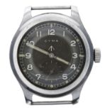 Cyma British Military issue stainless steel gentleman's wristwatch, signed circular black dial