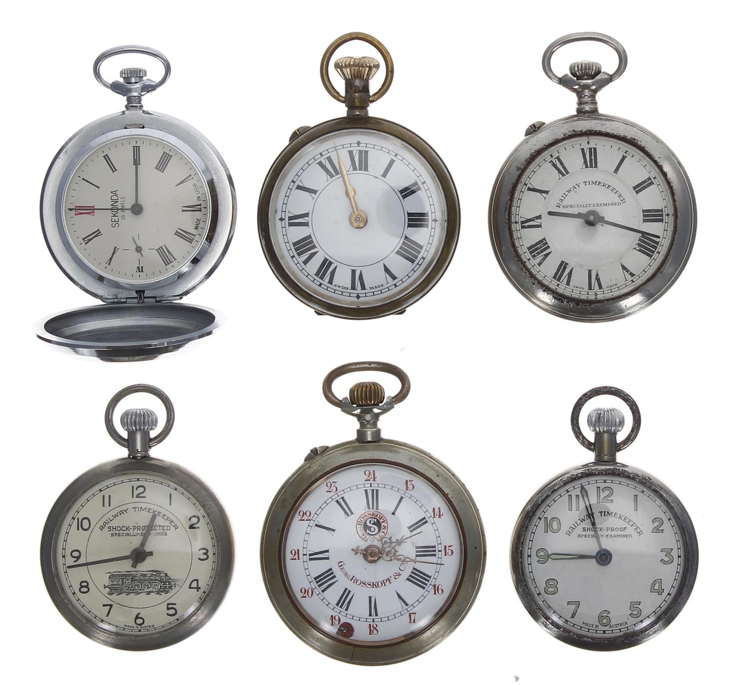 Rosskopf & Co. nickel cased lever pocket watch, 57mm; together with three nickel/chrome cased '