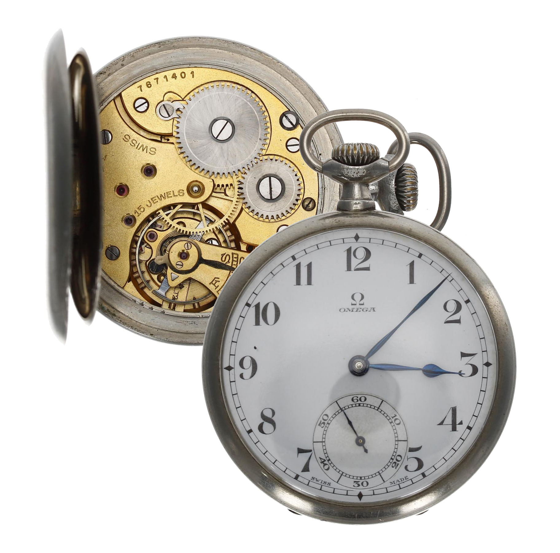 Omega - nickel cased lever pocket watch, case no. 6905179, serial no. 7671xxx, circa 1930's,