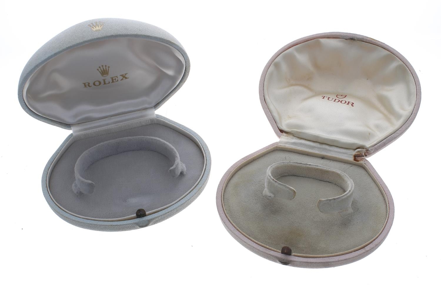 Rolex 'clamshell' lady's wristwatch box; together with a Tudor 'clamshell' lady's wristwatch box (2)