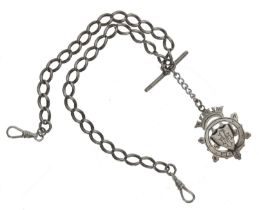 Silver hallmarked curb link watch Albert chain, with T-bar, shield medallion fob and swivel end-