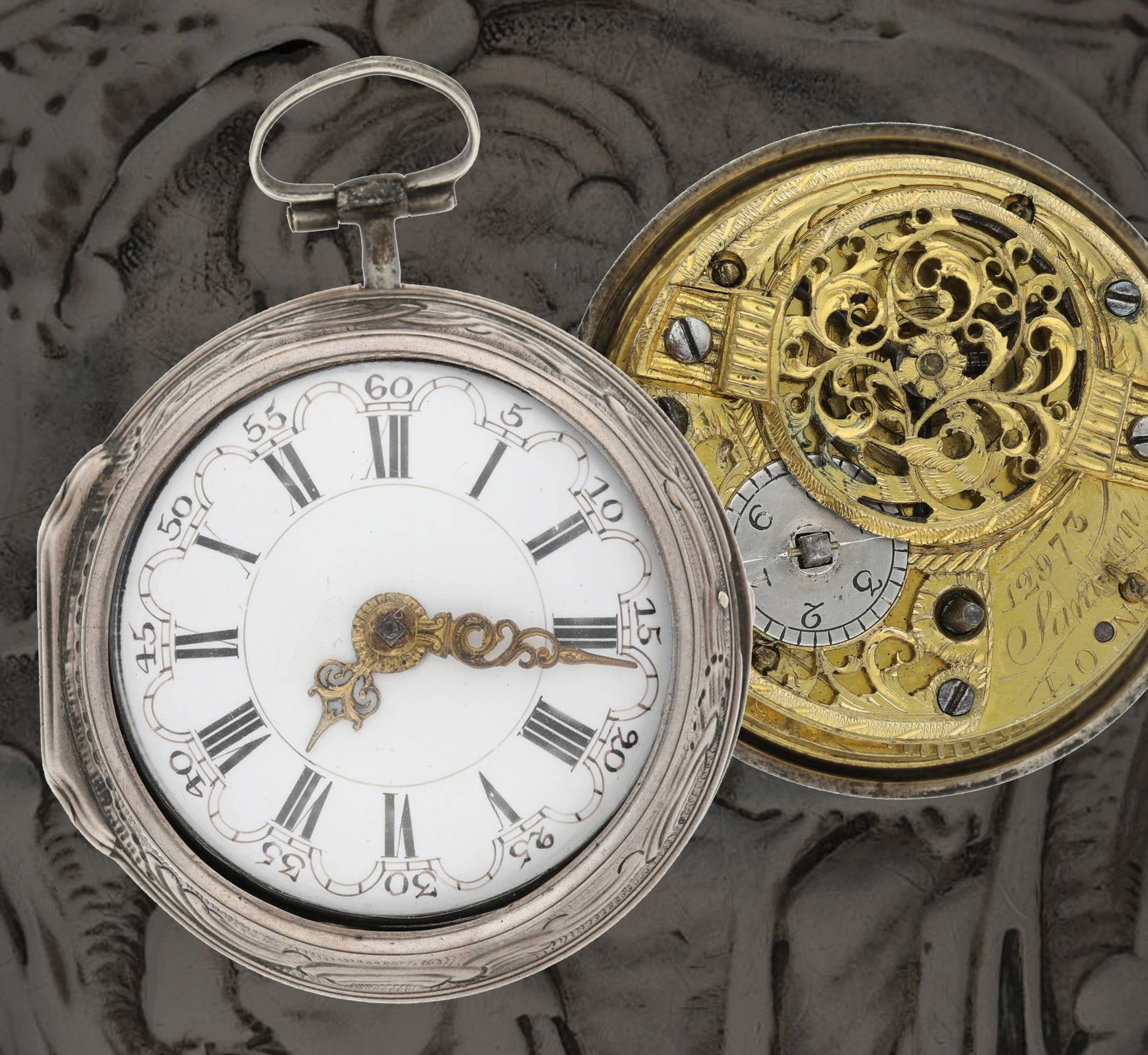 Samson, London - George III English silver repoussé pair cased verge pocket watch, signed fusee