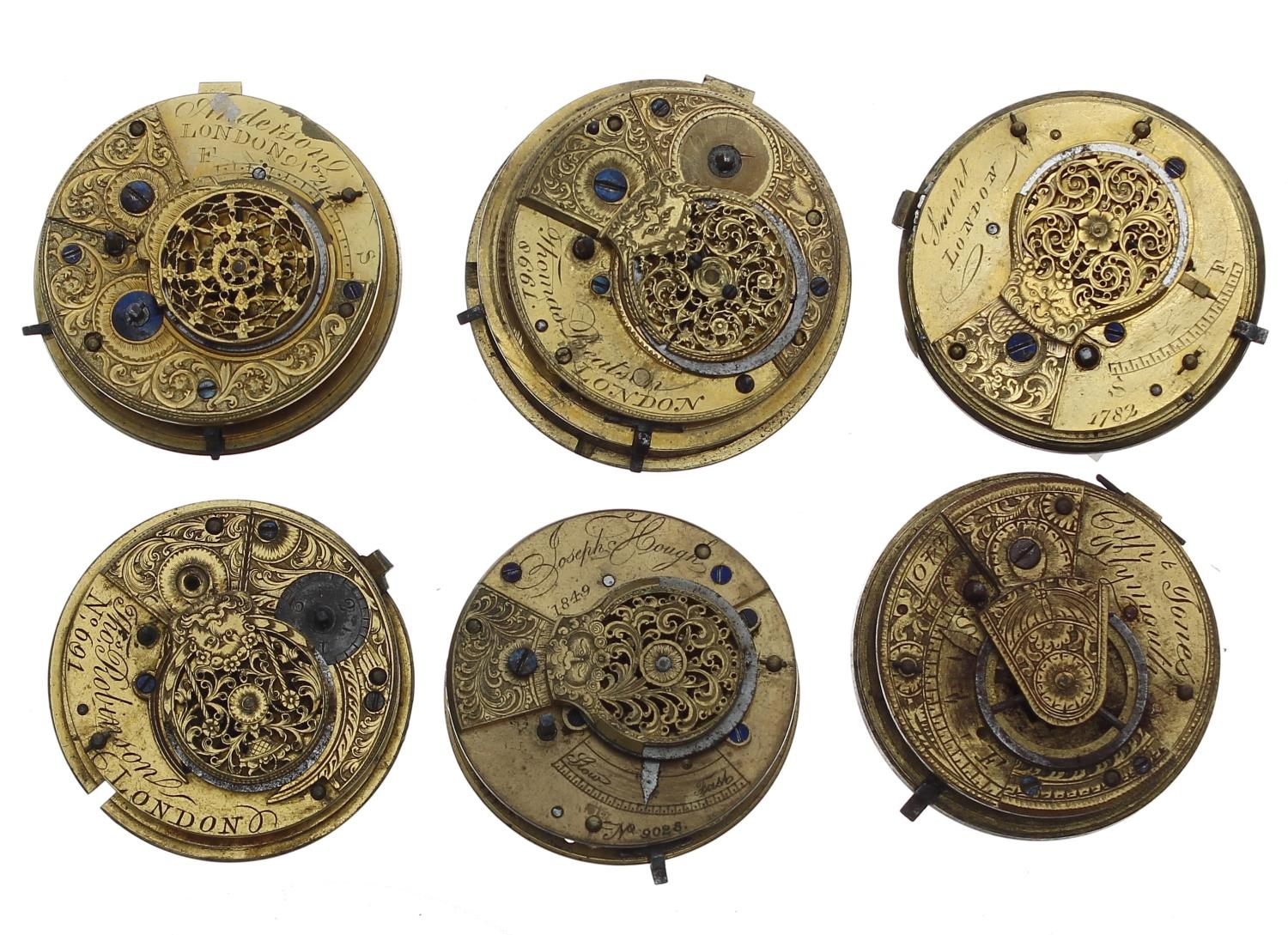 Six fusee verge pocket watch movements, including makers Jones, Plymouth; Joseph Hough; Thos