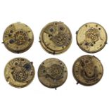 Six fusee verge pocket watch movements, including makers Jones, Plymouth; Joseph Hough; Thos