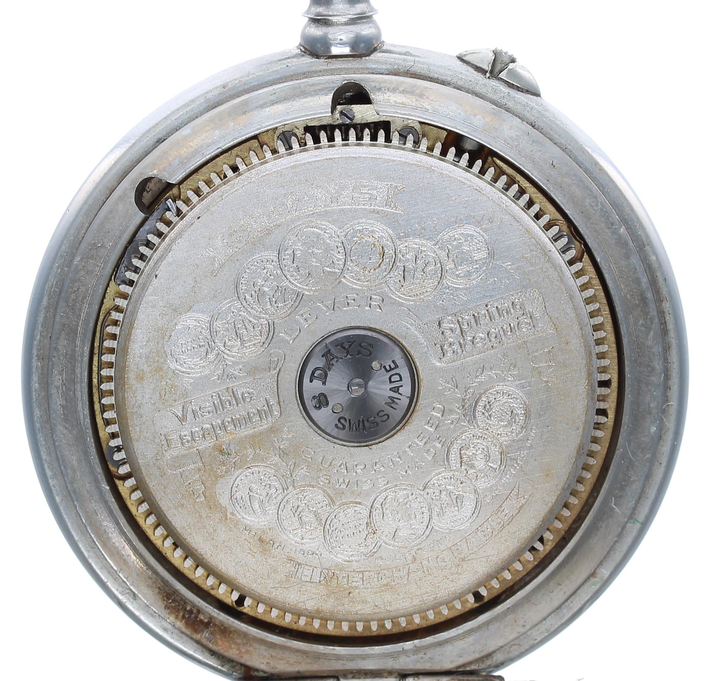 Turkish Market - Swiss Hebdomas type 8 days nickel and mother of pearl cased pocket watch, decorated - Image 3 of 4