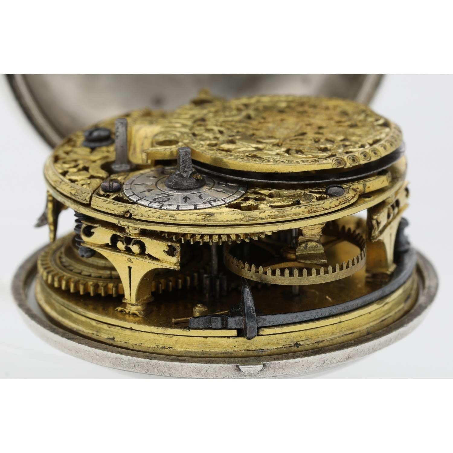William Gib, Rotterdam -  Dutch early 18th century silver pair cased verge calendar pocket watch, - Bild 6 aus 11