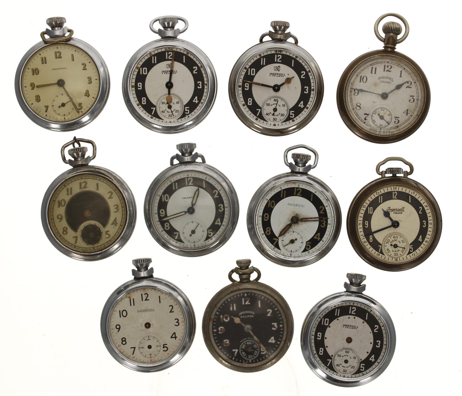 Quantity of Ingersoll chrome cased pocket watches principally for repair to include Triumph, Crown