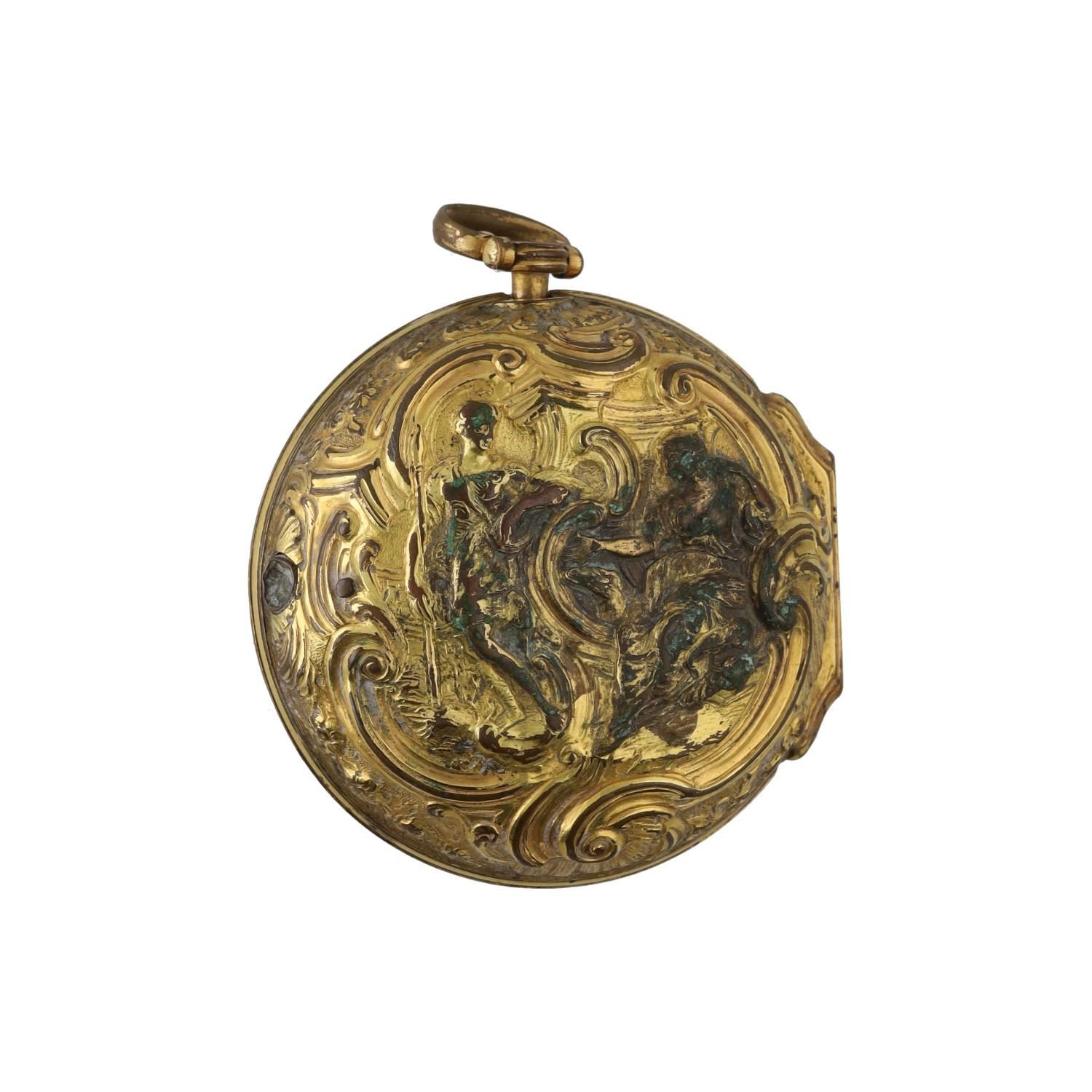 Pink, London - English 18th century gilt metal verge repousse pair cased pocket watch for repair, - Image 2 of 3