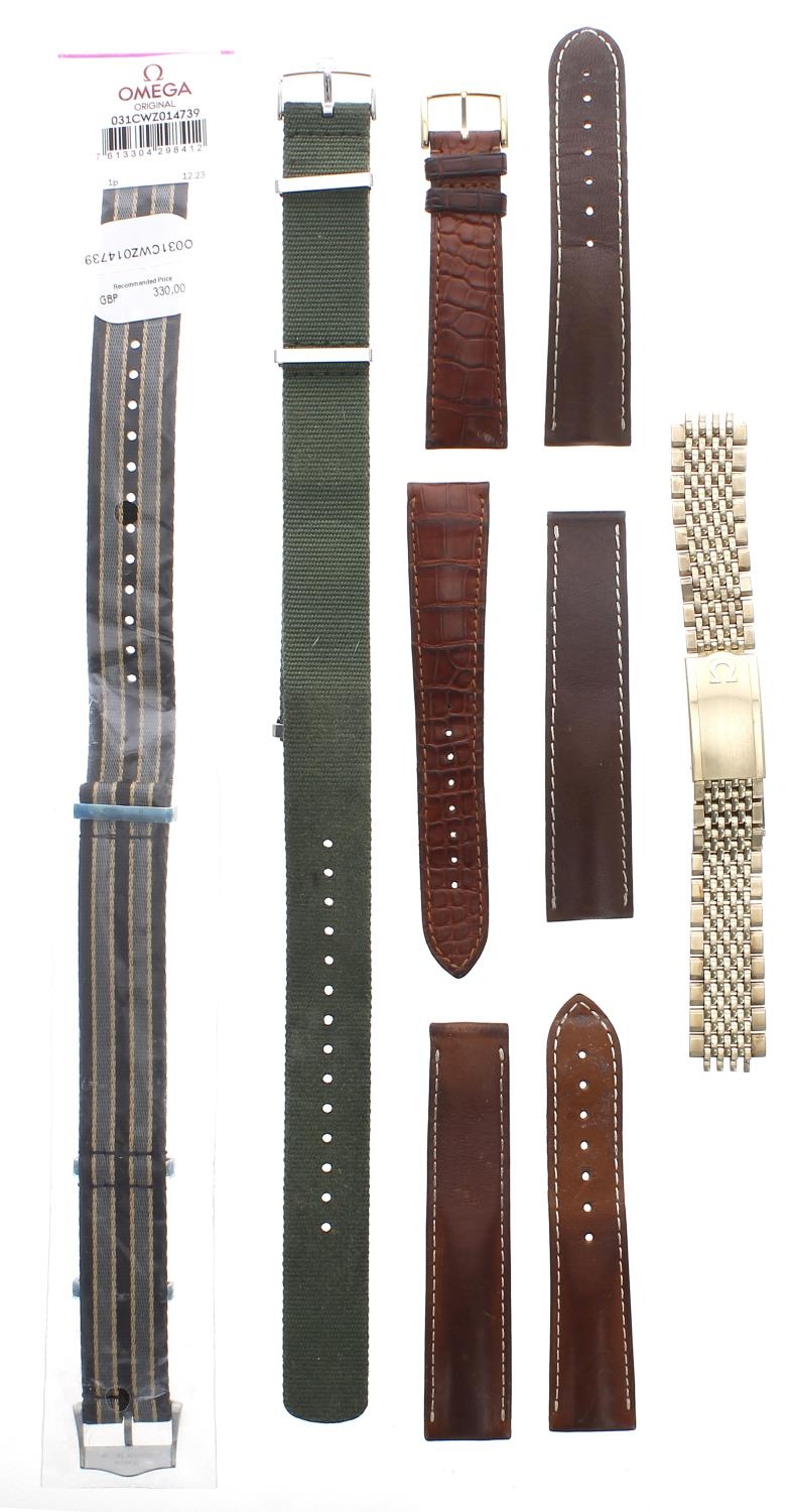 Omega - Three Omega leather wristwatch straps; together with an Omega green NATO style strap;