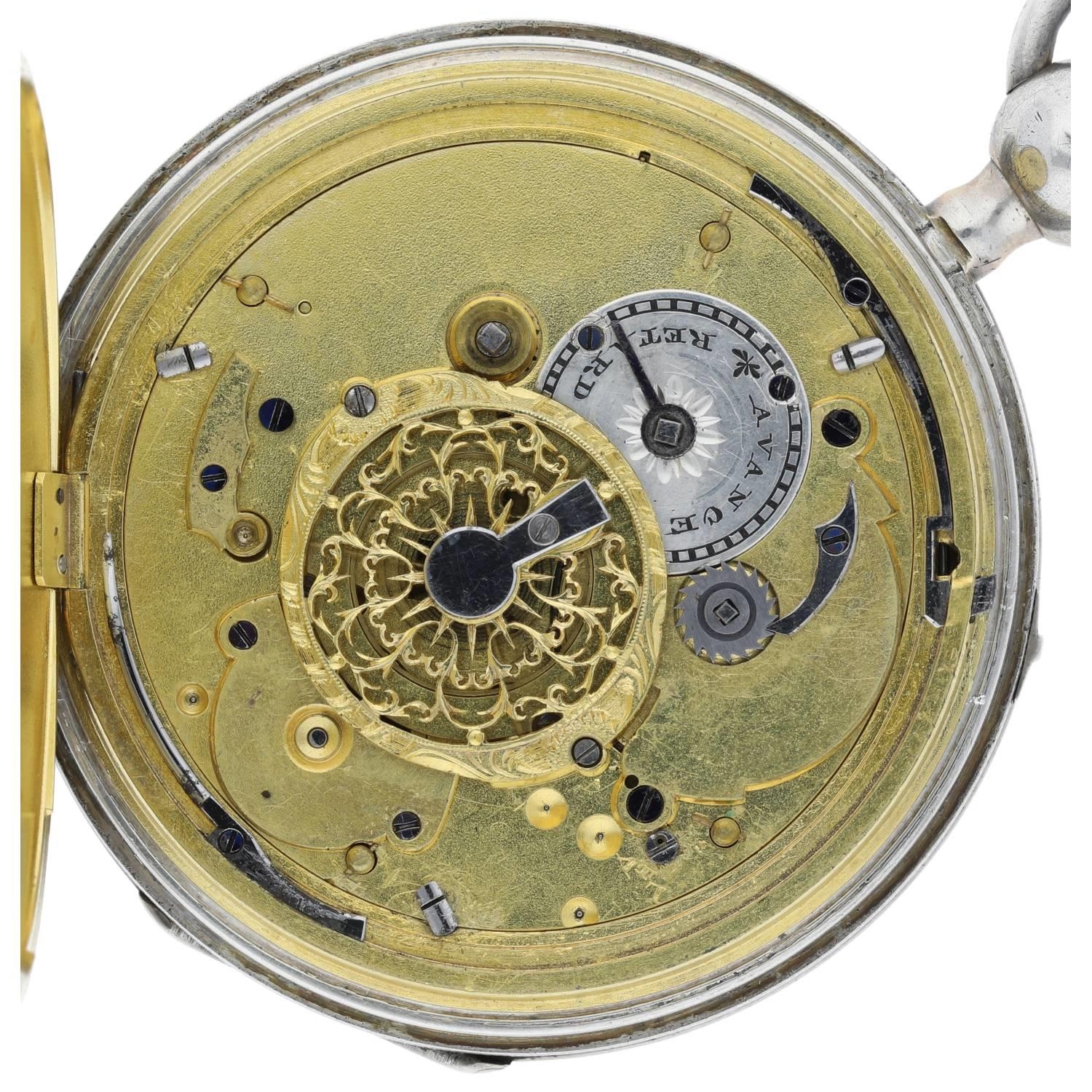 French early 19th century quarter repeating white metal pocket watch, gilt frosted fusee movement - Image 3 of 4