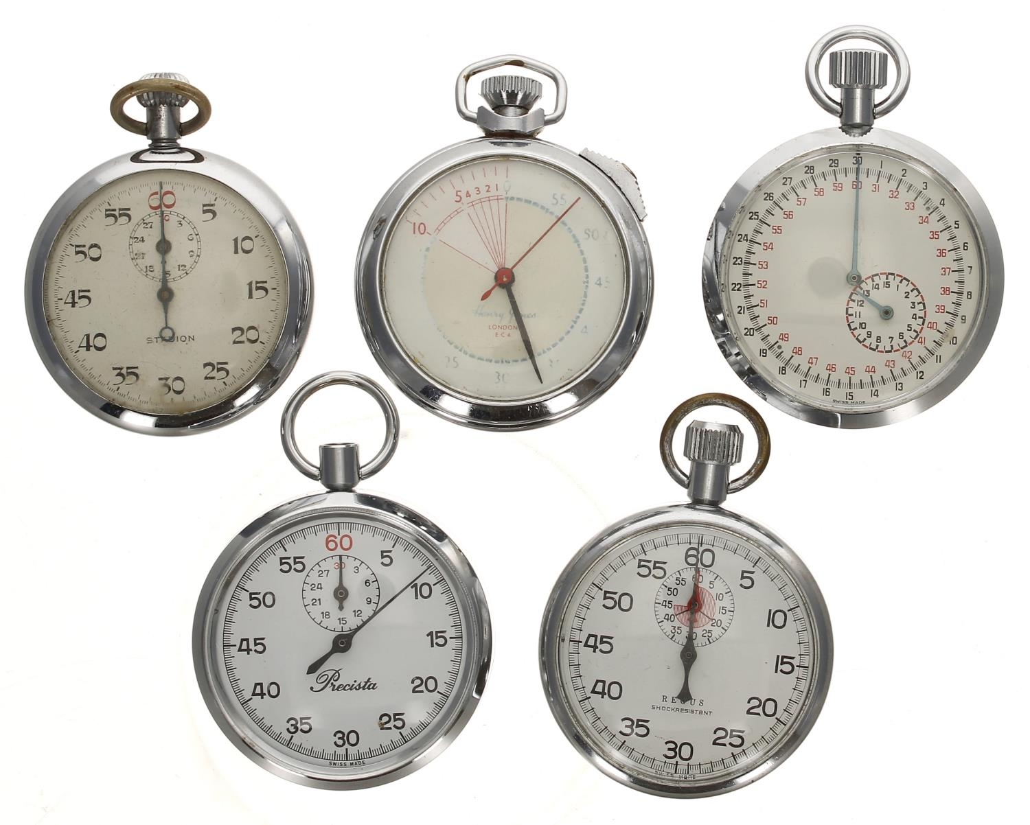 Five chrome cased pocket stop watches for repair to include Precista, Stadion, Regus (5)