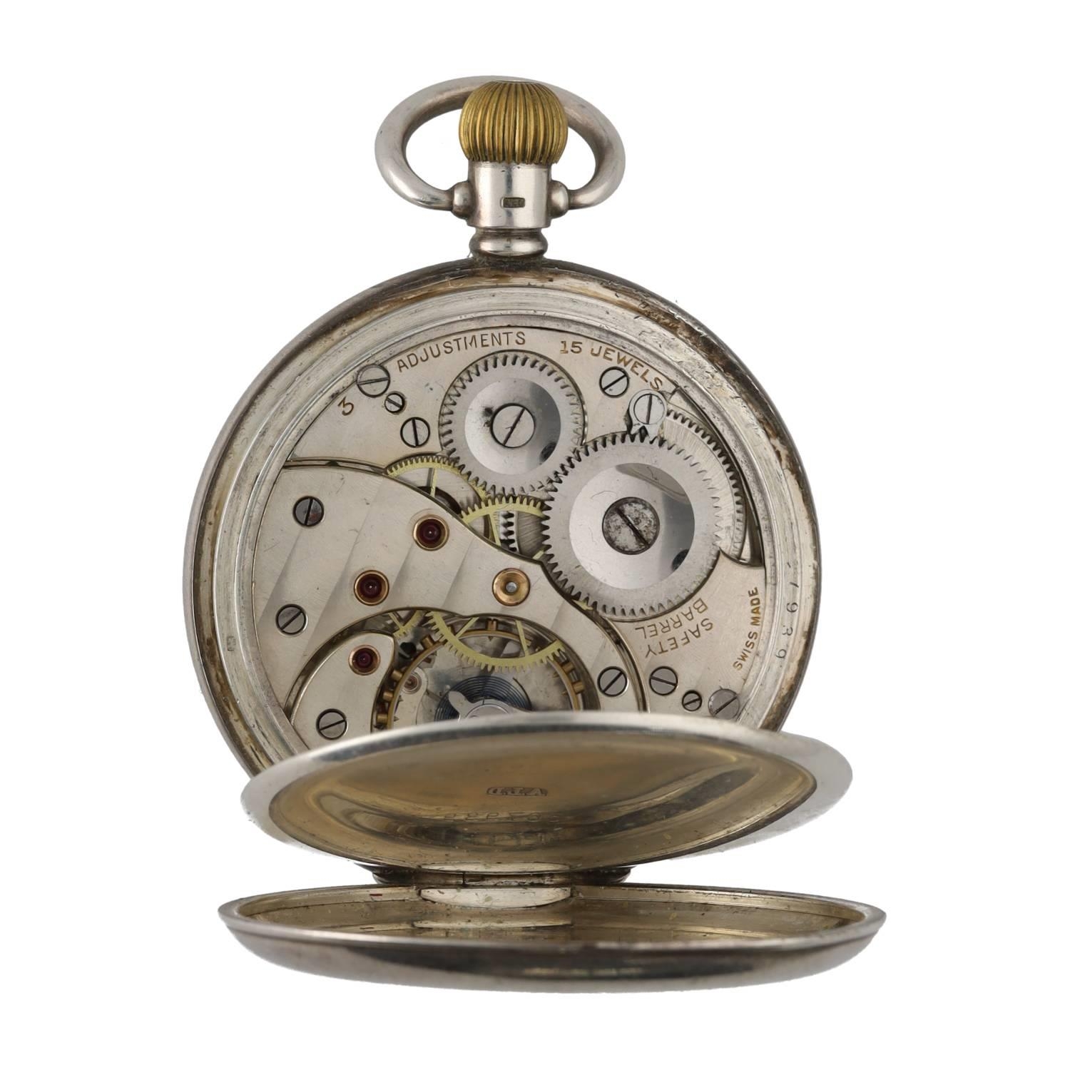 Swiss silver lever half hunter pocket watch, Birmingham 1928, 15 jewel 3 adjustments movement with - Image 3 of 4