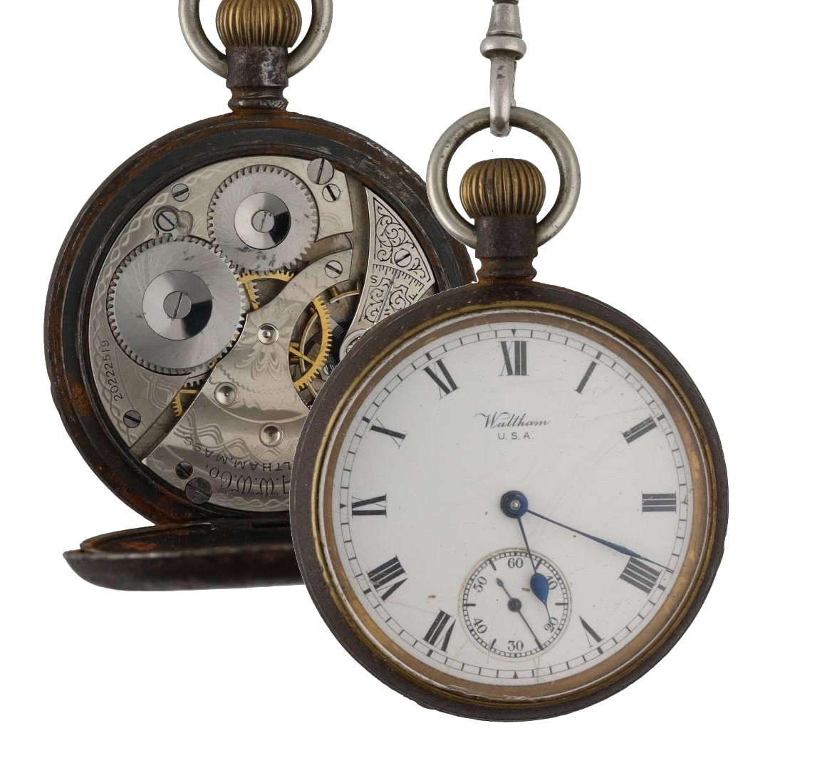 American Waltham gun metal lever pocket watch, circa 1915, serial no. 20222519, signed movement with