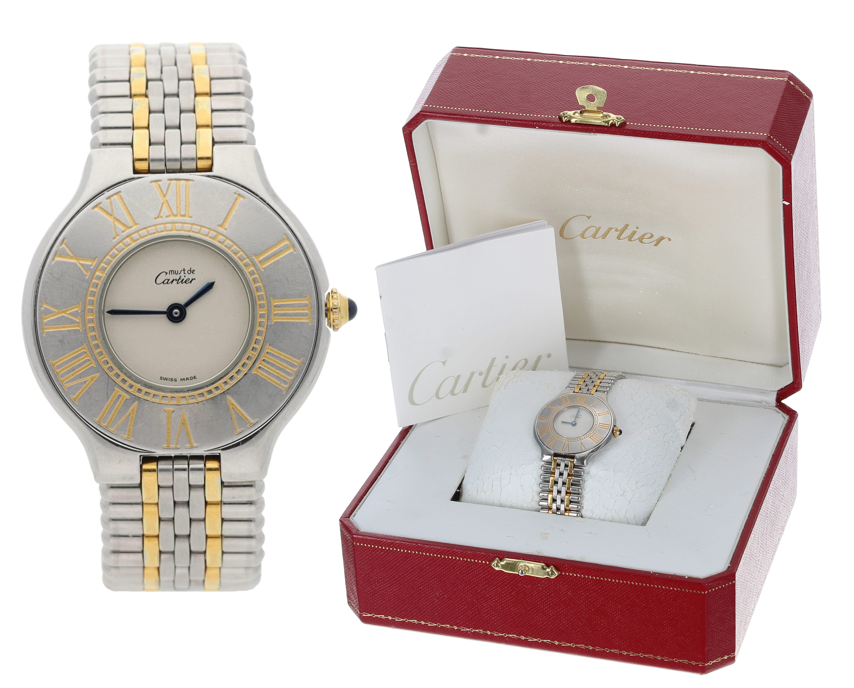 Must de Cartier bicolour mid-size wristwatch, case no. 9011213xx, circular silvered dial, blued